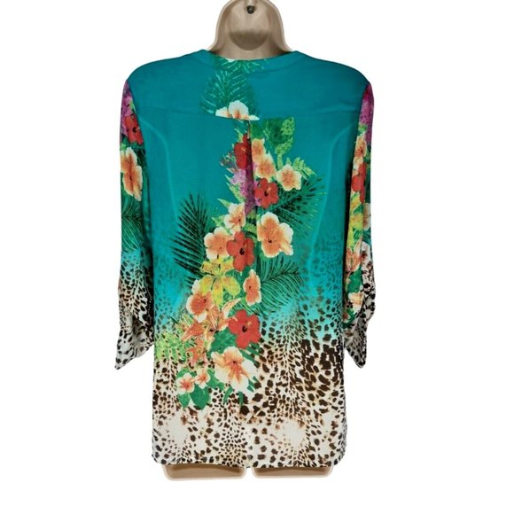 Soft Surrounding Womens 1/4 Button Up Tunic Top Size S Green Sheer Floral  E1P - Picture 2 of 5